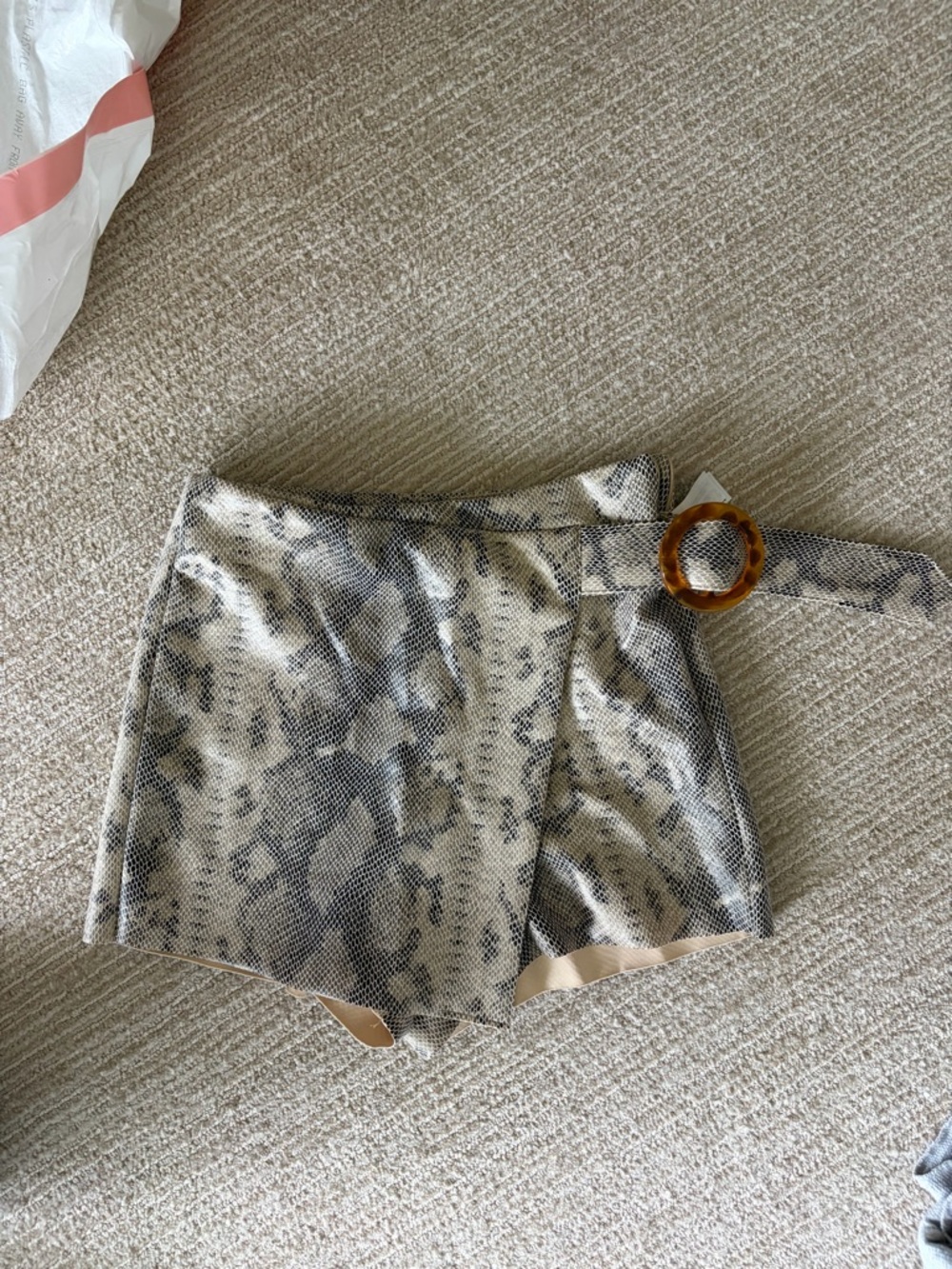 Zara Beige and Black High-Waist Snake-Print Shorts with Belt